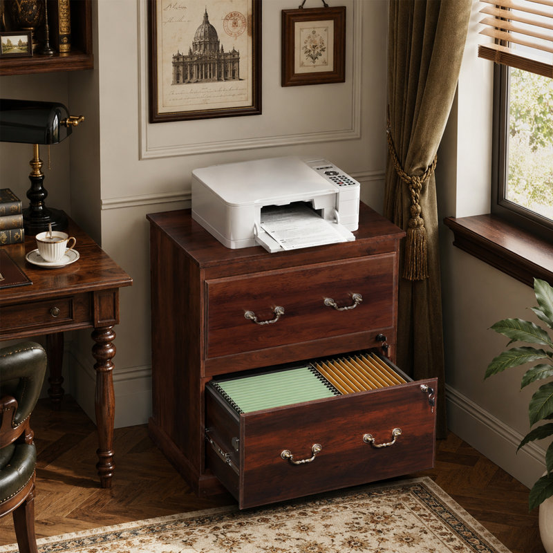 Classeur à deux tiroirs de 64,3 cm de large avec serrure pour bureau à domicile, classeur en bois, meuble pour imprimante, classeurs pour bureau à domicile