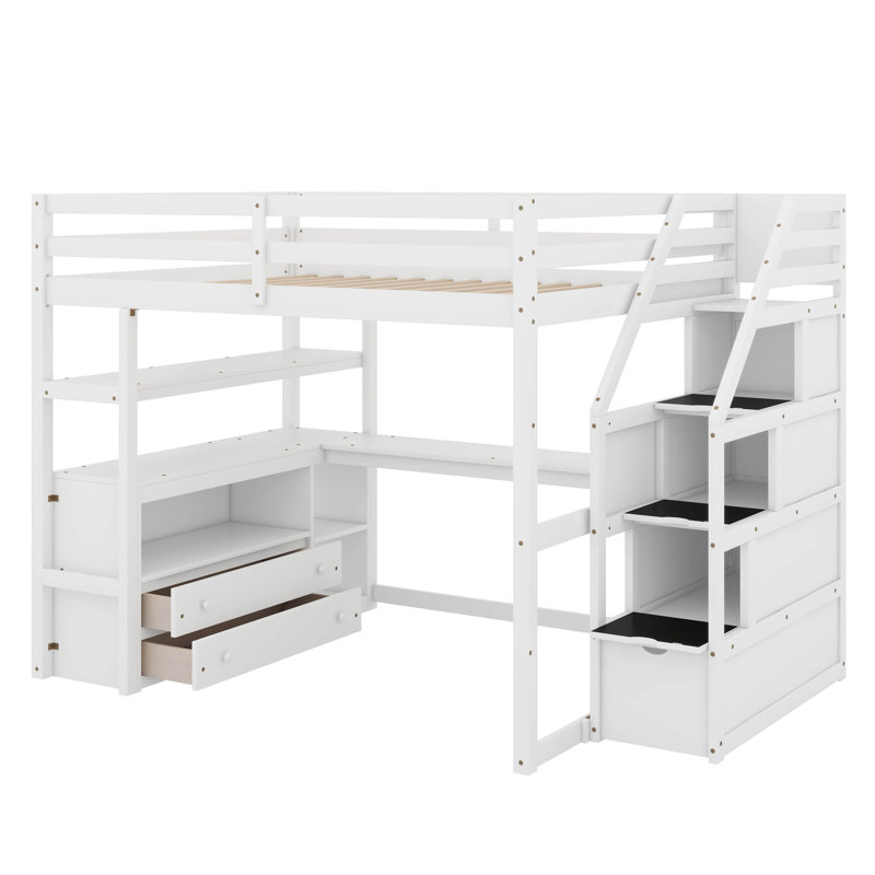 Loft Bed With Desk,Shelves,Two Built-In Drawers And Storage Staircase, White, Full
