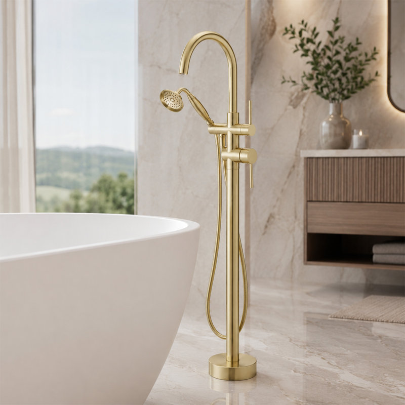 Robinet de baignoire autoportant à fixation sur plancher en acier brossé à poignée simple avec douchette à main