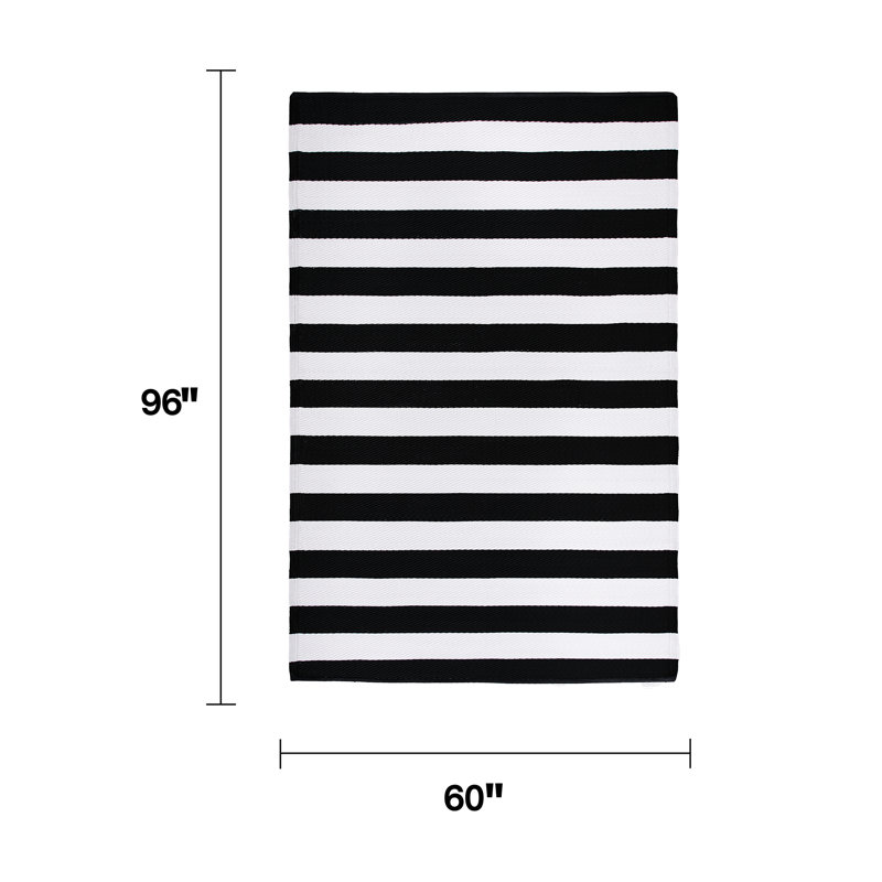 Geo Striped Modern Outdoor Camping Rug - Waterproof, Fade Resistant, Reversible - Recycled Plastic - Camping RV Patio Glamping Deck Pool - Brittany Black/White