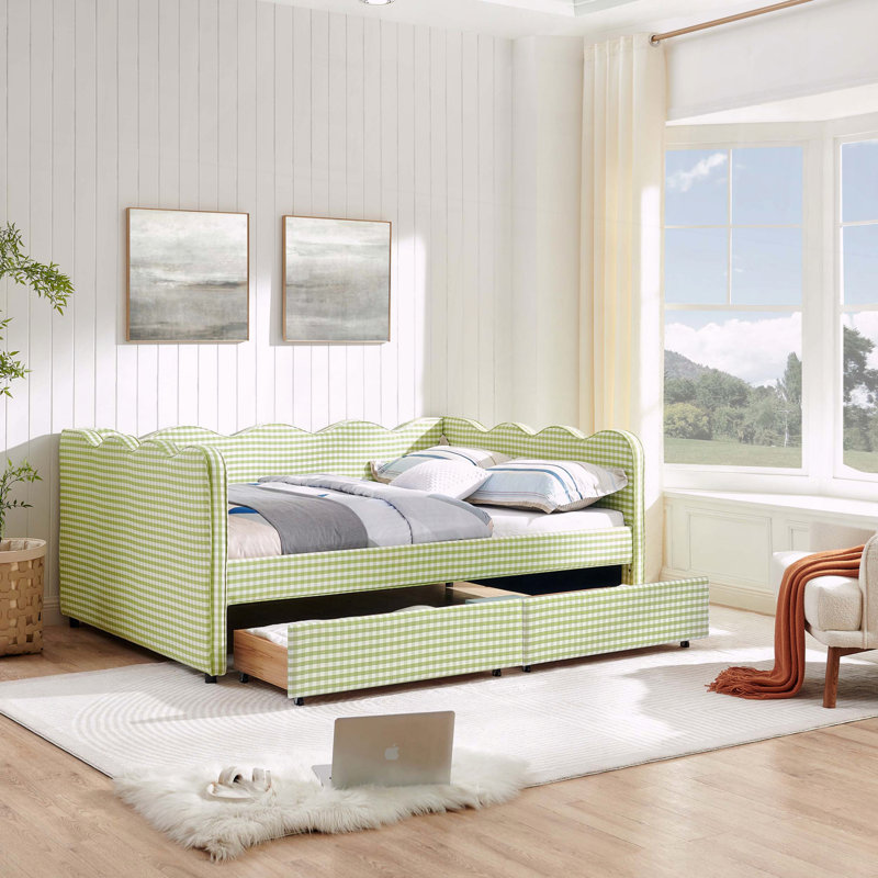 Gingham Daybed Storage Drawers USB Port Wave Shaped Linen Fabric, Full , Green