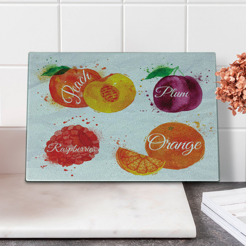 Ambesonne Fruit Tempered Glass Cutting Board Peach Raspberry and Plum Multicolor