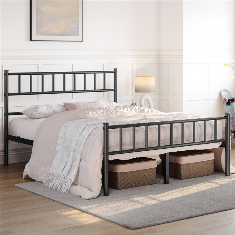Minimalist Metal Bed Frame with Slatted Headboard, Black, Kingsize (5')