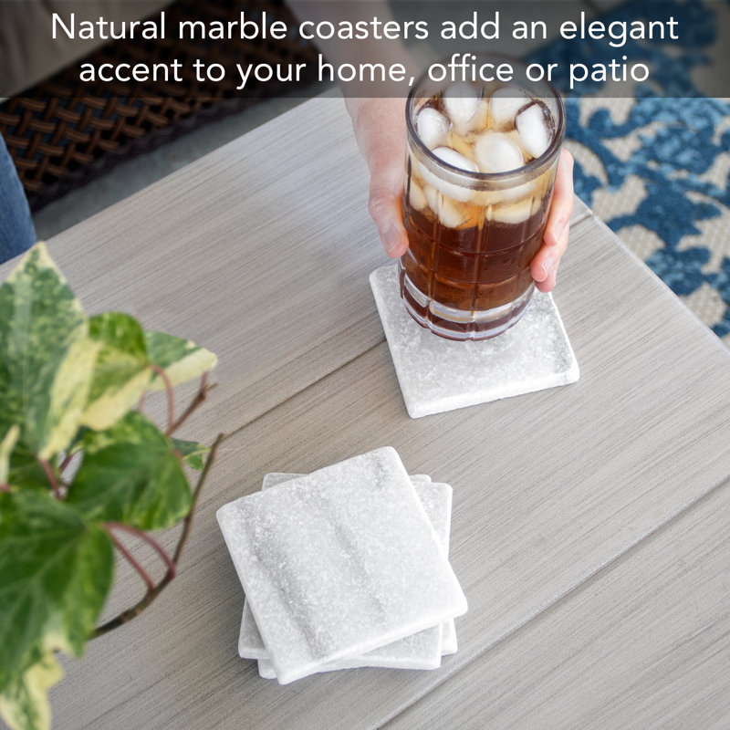 Natural White Marble Stone Square Coasters 4" x 4" Set