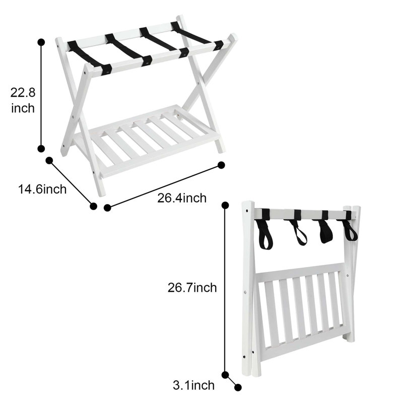 Porte-bagages pliable en bois avec tablette, Ensemble de 2, Blanc