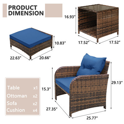 Constantino 2-Person Outdoor All-Weather Wicker Conversation Set with Ottomans and Tempered Glass Coffee Table