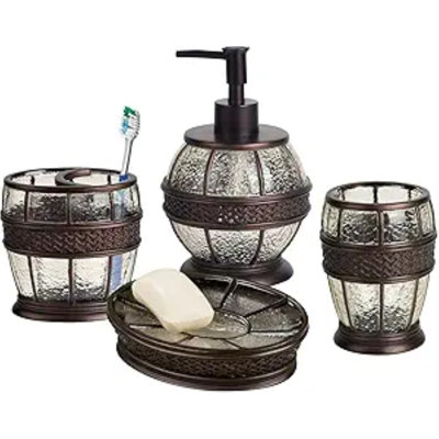 4 Pcs Resin Bath Accessory Set for Vanity Countertops with Soap Dish, Toothbrush Holder, Tumbler, Soap and Lotion Pump | Oil Rubbed Bronze Finish