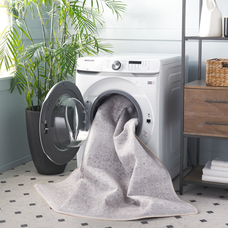 Tucson Vintage Look Machine Washable Non-Slip Area Rug in White/Grey, Rectangle 152 x 244 cm