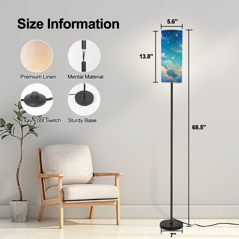 Lampadaire de 175 cm (69 pouces) avec ciel nocturne de rêve, croissant de lune et étoiles scintillantes. Lampe moderne à tige en métal, abat-jour cylindrique en lin, ampoule DEL 3 couleurs, télécommande et interrupteur au pied. Parfait pour le salon, la chambre ou le bureau.