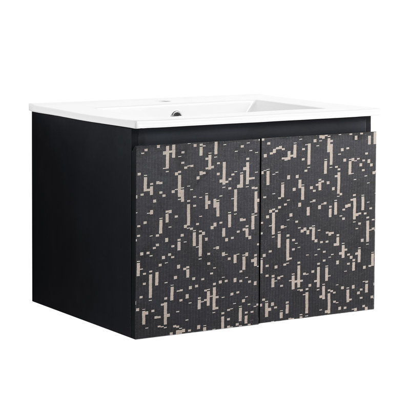 Meuble-lavabo 24 po avec lavabo en céramique et porte d'armoire à fermeture en douceur - conception murale de style moderne noir