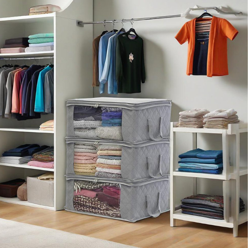 3 pièces Boîte de rangement pliante non tissée Sac de rangement pour courtepointe Boîte de rangement pour vêtements, Gris