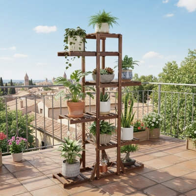 Six-Tier Thickened Wooden Trapezoidal Flower Stand, Suitable For Both Indoor And Outdoor Use, Ideal For Balconies, Living Rooms, And Courtyards. Brown