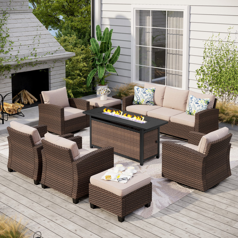 9 - Person Outdoor Wicker Patio Conversation Furniture Set with Swivel Chairs, Beige, Yes