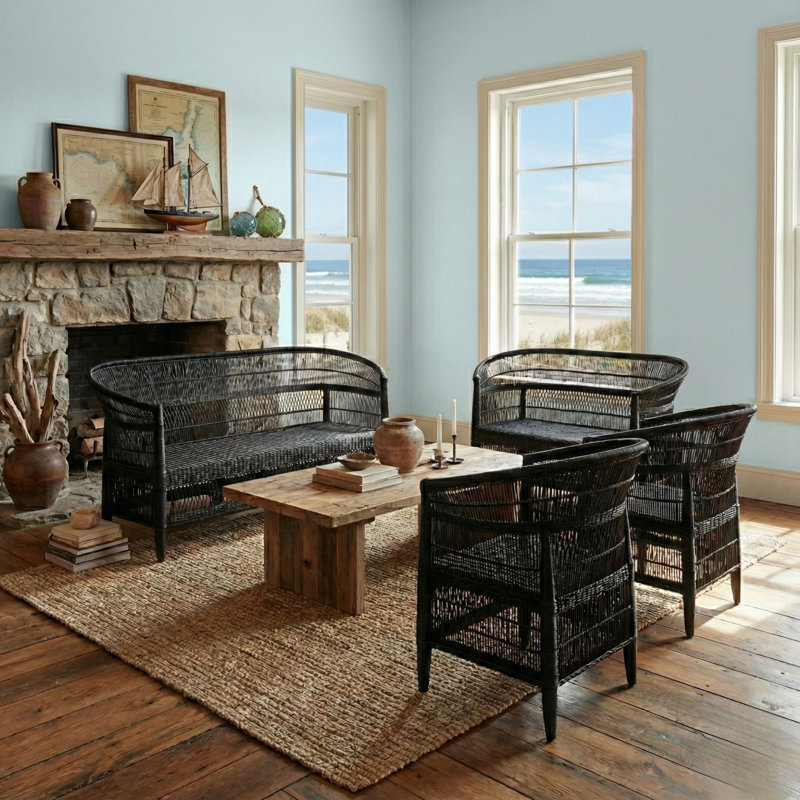 Ensemble de sièges d'intérieur 100% rotin naturel tissé à la main 4 pièces avec 2 chaises, causeuse et canapé 3 places, structure en bois massif, ferme Boho, artisanat africain authentique
