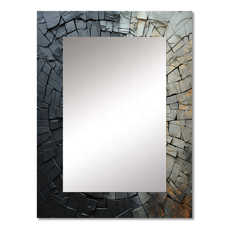 Géode de pierre grise minimisée III - miroir décoratif en pierre spirituelle, miroir mural traditionnel, impression d'art en métal