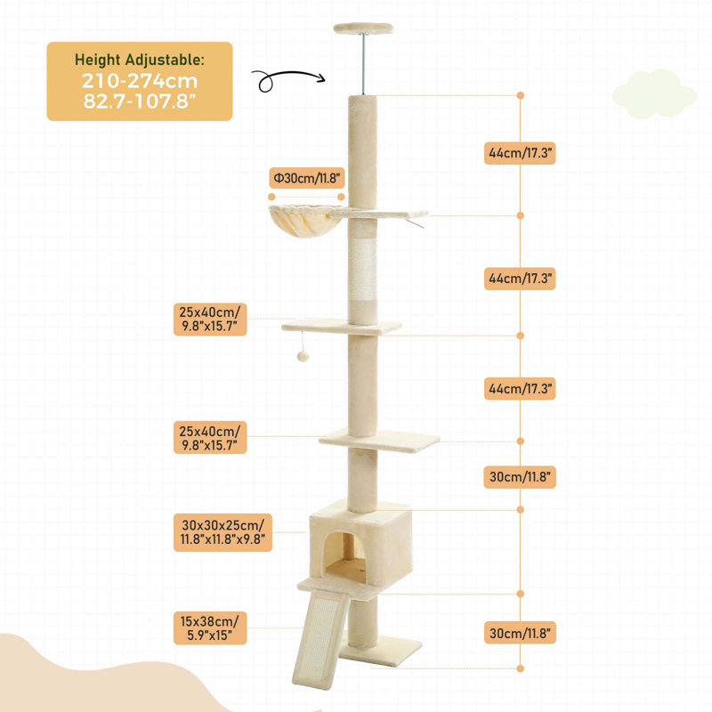 Beige Adjustable Height 5-Tier Sisal Cat Tree Tower