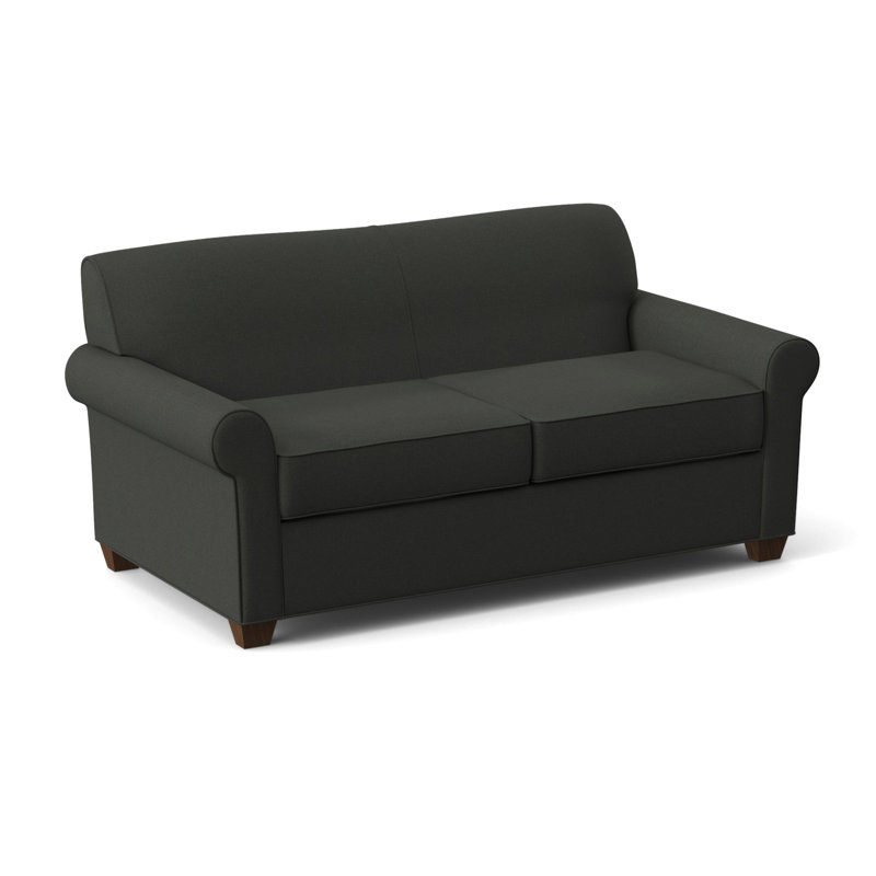 Finn Rolled Arm Sofa with Reversible Cushions, Dorset Charcoal, 34" H x 75" W x 36" D, Montana Walnut
