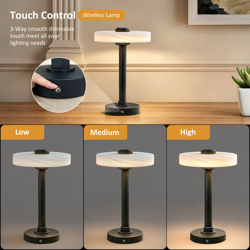 12" Modern Metal LED Rechargeable Table Lamp with Touch Dimmable Light, Black