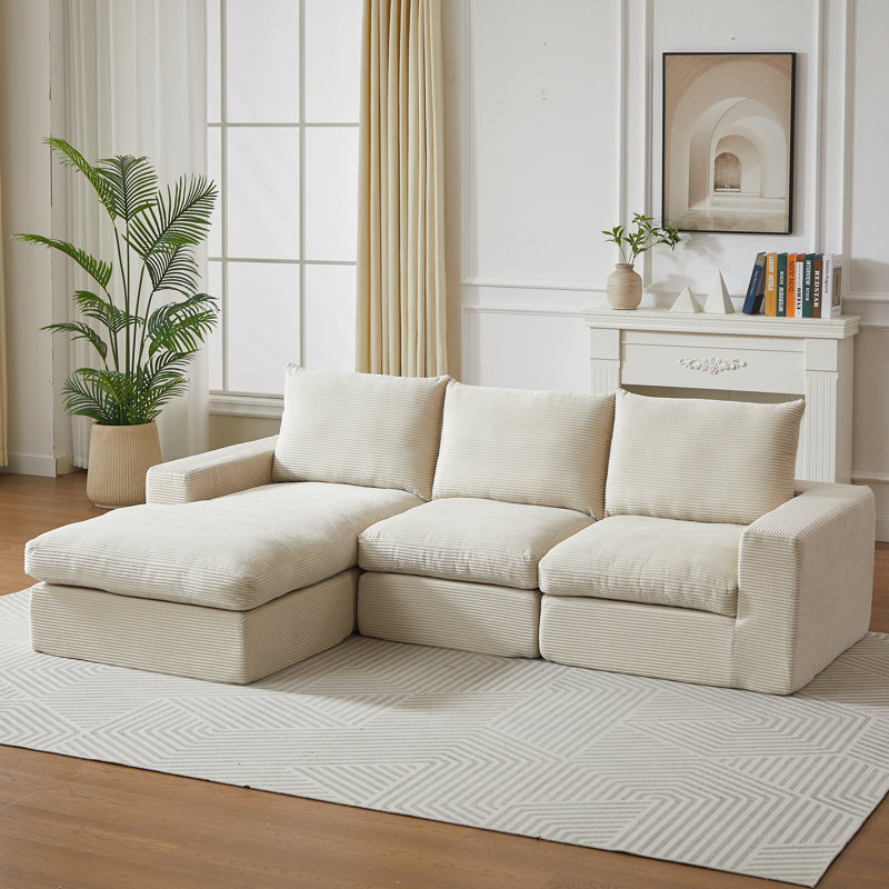 Canapé modulaire en velours côtelé en L de 99 pouces sans assemblage avec méridienne et trois coussins - parfait pour le salon et la chambre à coucher