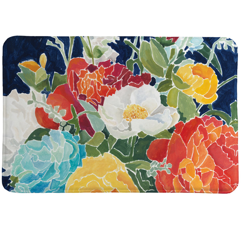 Midnight Floral Memory Foam Bath Rug in Navy and Multicolor