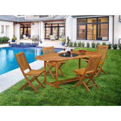 5 Piece Patio Dining Set Includes an Oval Outdoor Acacia Wood Table and 4 Folding Side Chairs, 36x79 Inch, Natural Oil