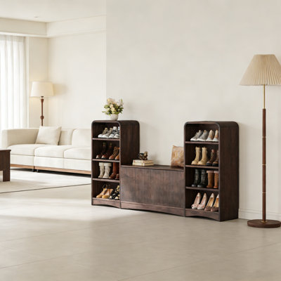 Armoire à chaussures haute en bois avec banc de rangement - tablettes réglables et compartiment de rangement relevable pour le vestibule, le couloir et le salon
