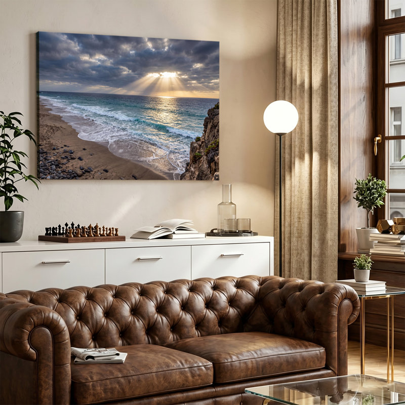 «Sunlit Coastal Beach with Dramatic Clouds», art sur toile tendue, prête à être accrochée, 20x30in
