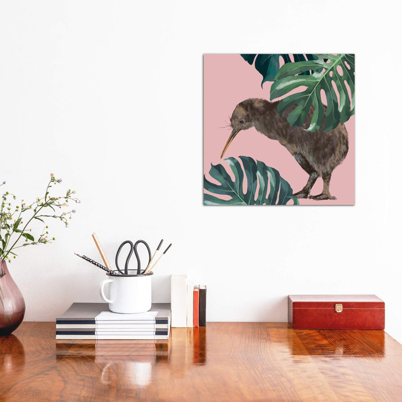Kiwi oiseau avec monstera art, H 12 po x l 12 po x P 1,5 po, Toile tendue