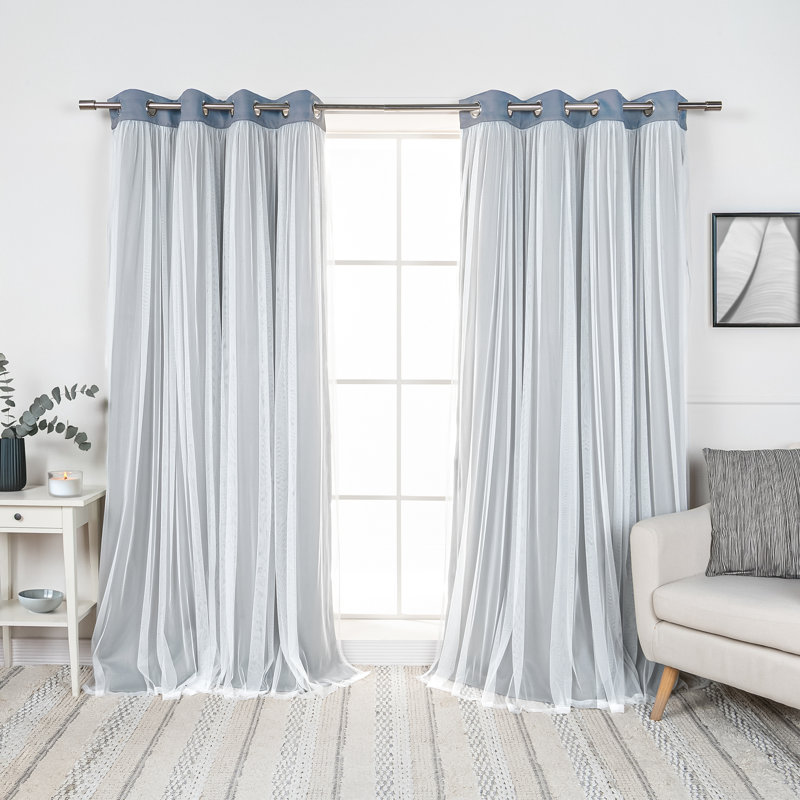 Fortuna Brockham Solid Tulle Overlay Room Darkening Grommet Curtain Panels, Mingreen, 52" W x 108" L
