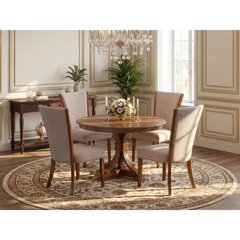 L'ensemble de salle à manger 5 pièces pour 4 personnes comprend une table ronde avec piédestal et 4 chaises rembourrées en lin brun clair, noyer antique