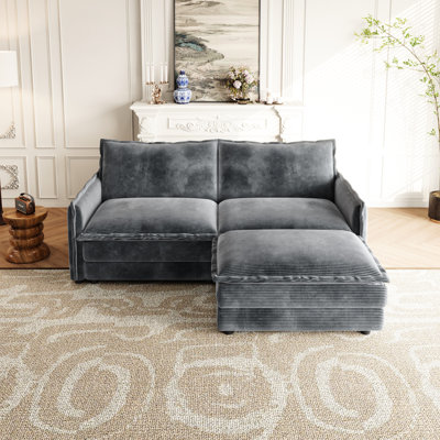 Grey Corduroy Fabric Couch With , 2 L-Shaped Sectional For Living Space, High Quality, Frame Comfort