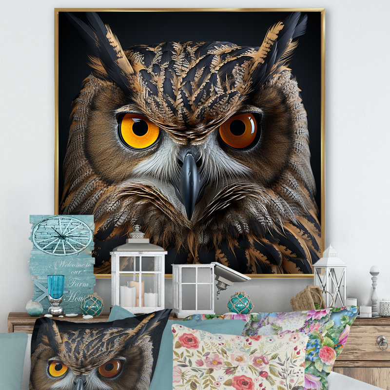 Décoration murale hibou classique yeux de la nuit - hibou, Cadre flottant doré, H 16 po x l 16 po x P 1 po