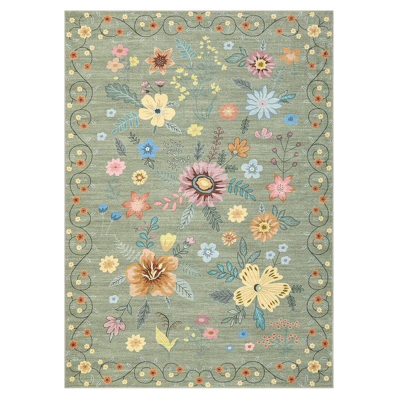Tapis lavable 5 x 7 po Boho, Rectangle 5 pi x 7 pi, Vert
