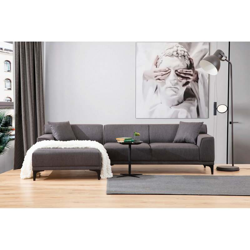 Modern Corner Sofa, Anthracite Color, 57.1 x 98.4 x 33.9 inches | Beech Wood & Chipboard Frame, 100% Polyester Fabric | 28 DNS Grey Foam + Feather Cushions, 2 Pillows Included, Industrial Scandinavian Design, Easy Care