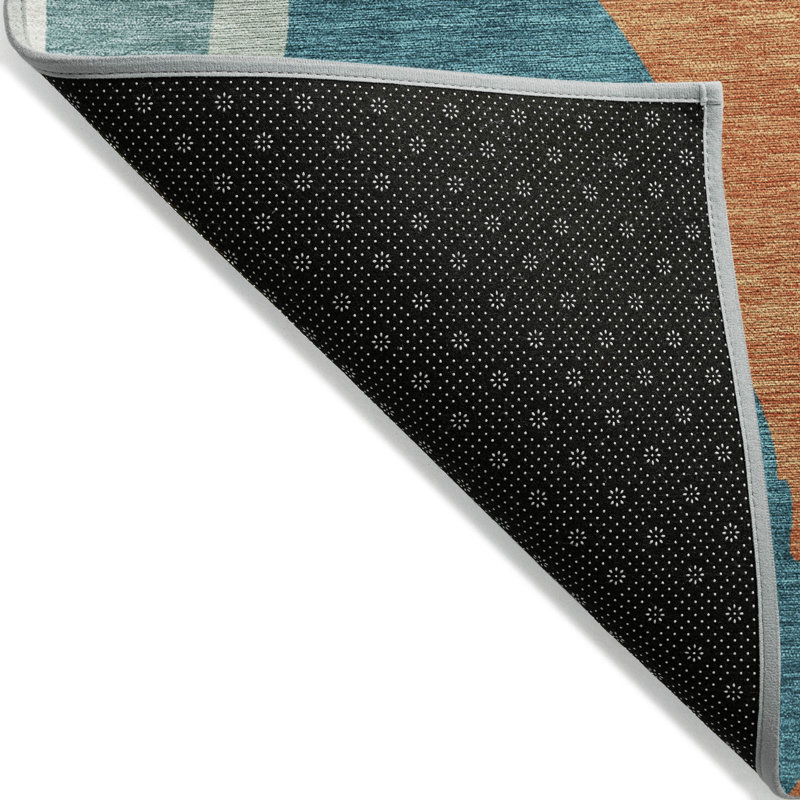Teal and Orange Abstract Washable Synthetic Area Rug