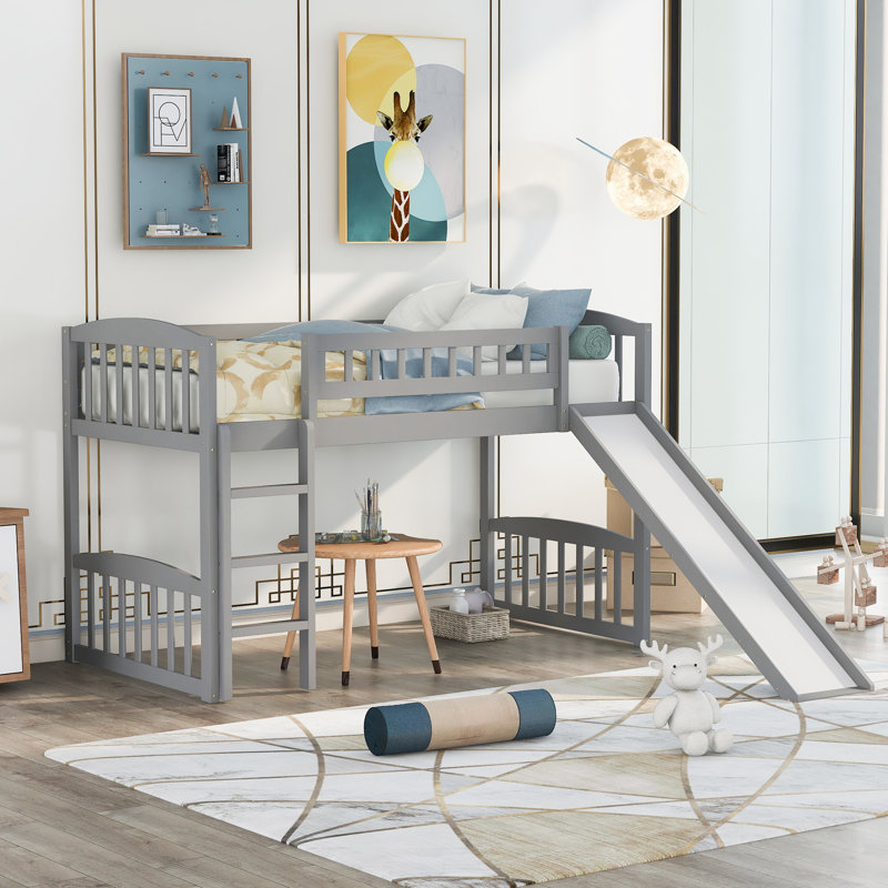 Lit mezzanine simple avec glissoire et échelle, gris