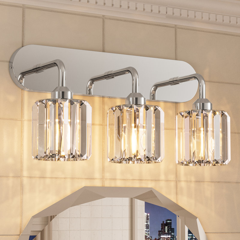 Éclairage de meuble-lavabo à intensité variable avec abat-jour en cristal, Chrome poli, Trois lumières