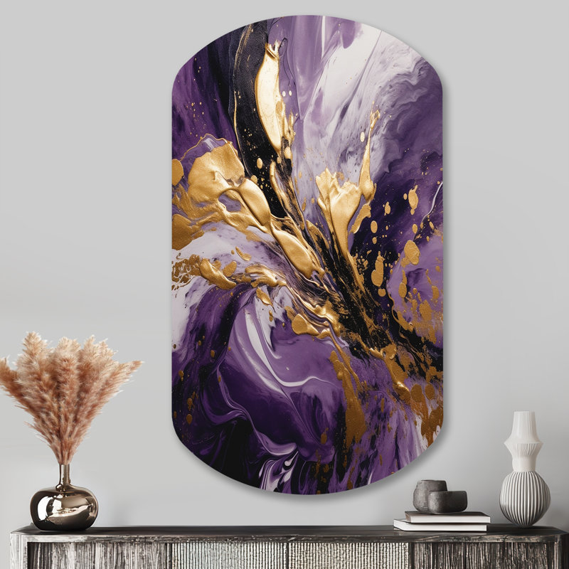Mauve et or liquide Magic II - Art abstrait cylindrique asymétrique en métal, H 43 po x l 23 po x P 1 po