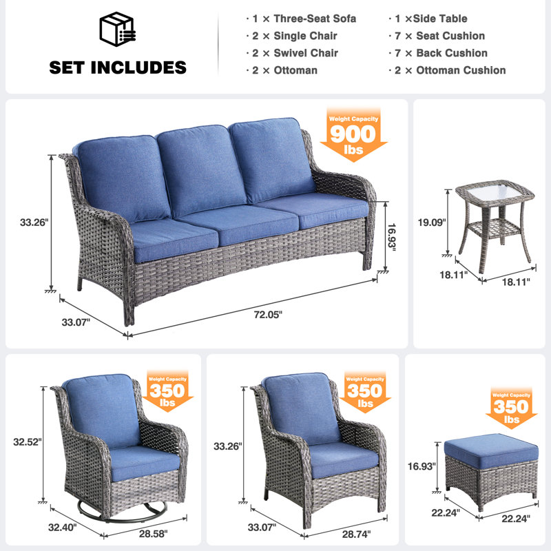 Guillen 7 - Person Wicker Rattan Patio Furniture Set with Swivel Chairs, Outdoor All Weather Sofa Conversation Set with Cushions for Garden Backyard