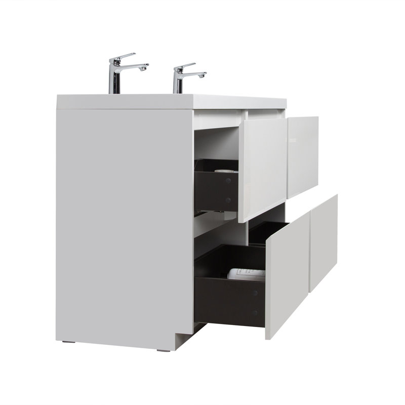 Meuble-lavabo double autoportant 59 po avec plateau en résine 59 po, Blanc
