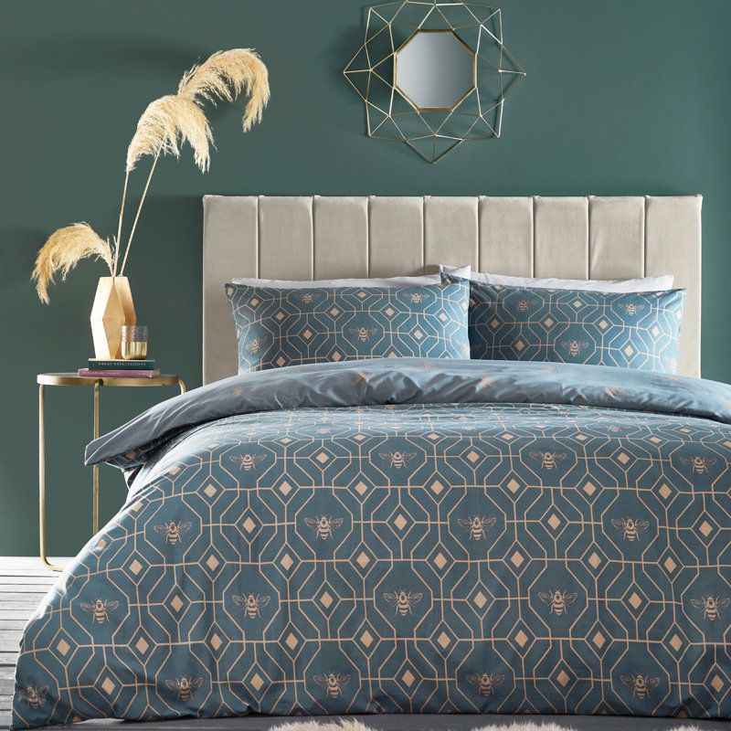 Bee Deco 144 TC, Double Duvet Cover + 2 Standard Pillowcases, French Blue