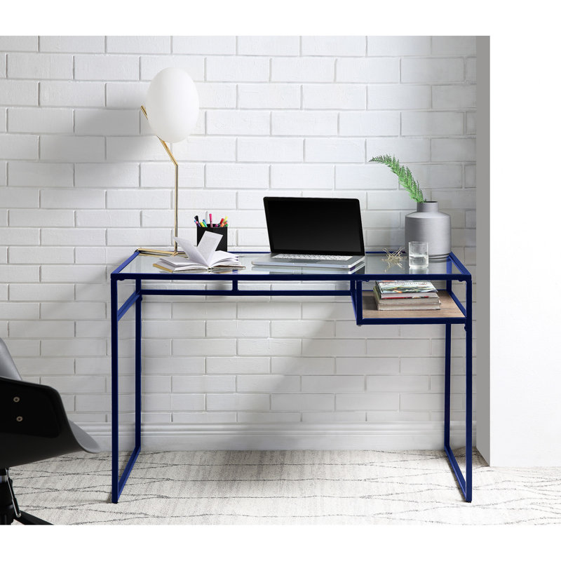 Bureau contemporain bleu avec tablette porte-accessoires.