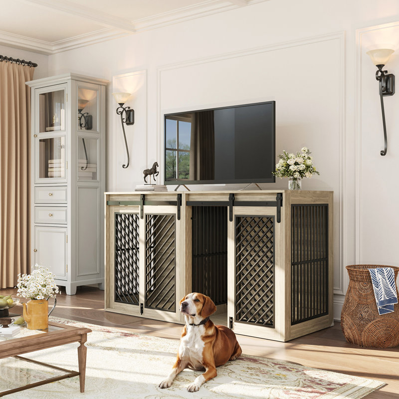61" W Separable Large Dog Crate Furniture with Divider – Versatile Design for Multiple Dogs and Spaces, Oak