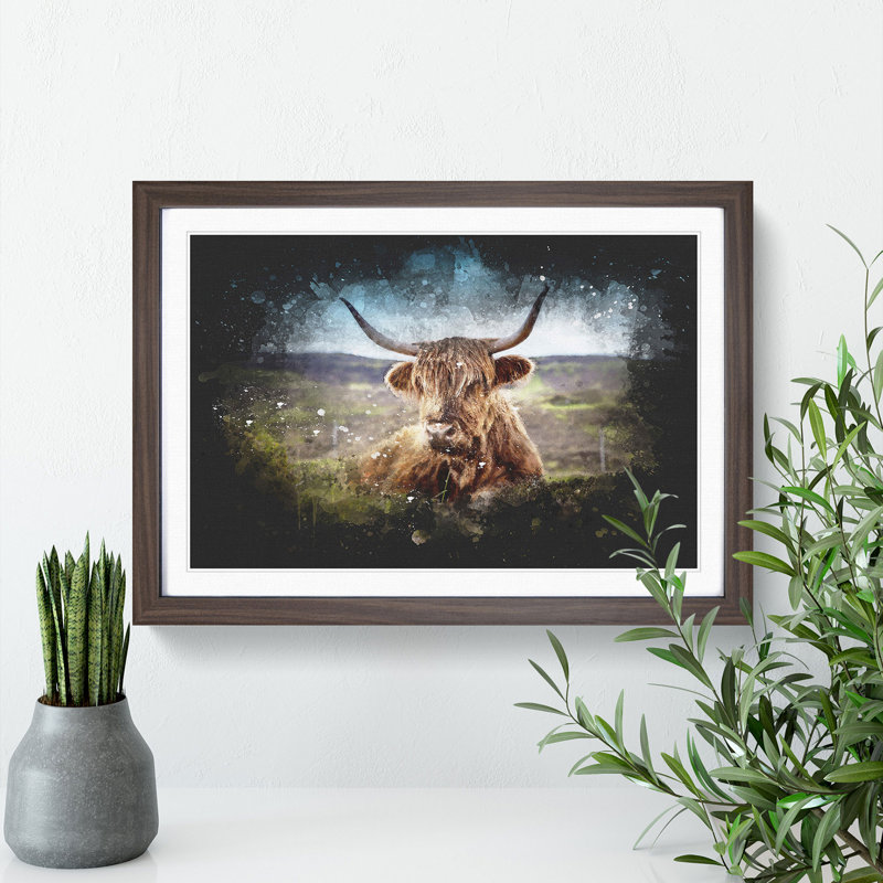 A Resting Highland Cow - Framed Print, 62cm H x 87cm W x 2cm D, Walnut Framed