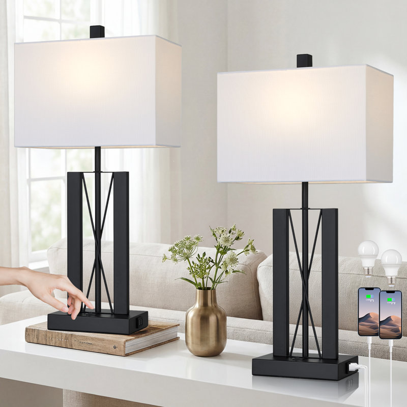 Lampe de table géométrique USB de 25 pouces avec abat-jour rectangulaire et ampoules incluses, Blanc