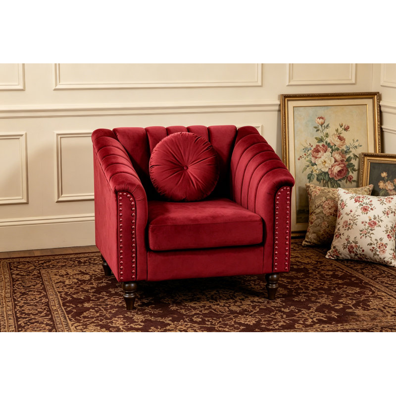 Tufted Flannel Accent Chair 37" Wide Nailhead Rivet Decor Metal Feet Solid Wood Frame , Red Linen Blend