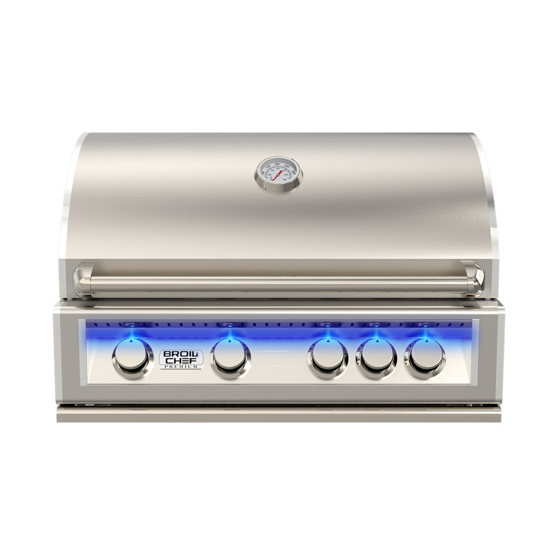 BroilChef Premium Stainless Steel 32-Inch Built-In Gas Grill, 4 Main Burners With Rear Burner (Round Lid, Ambient Lights)