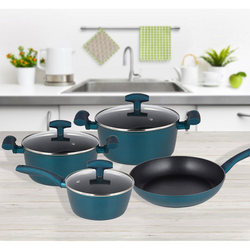 Cooking pots and pans set 7 pcs. Grey Pots Frying Pan Saucepan Dishwasher Safe, Petrol