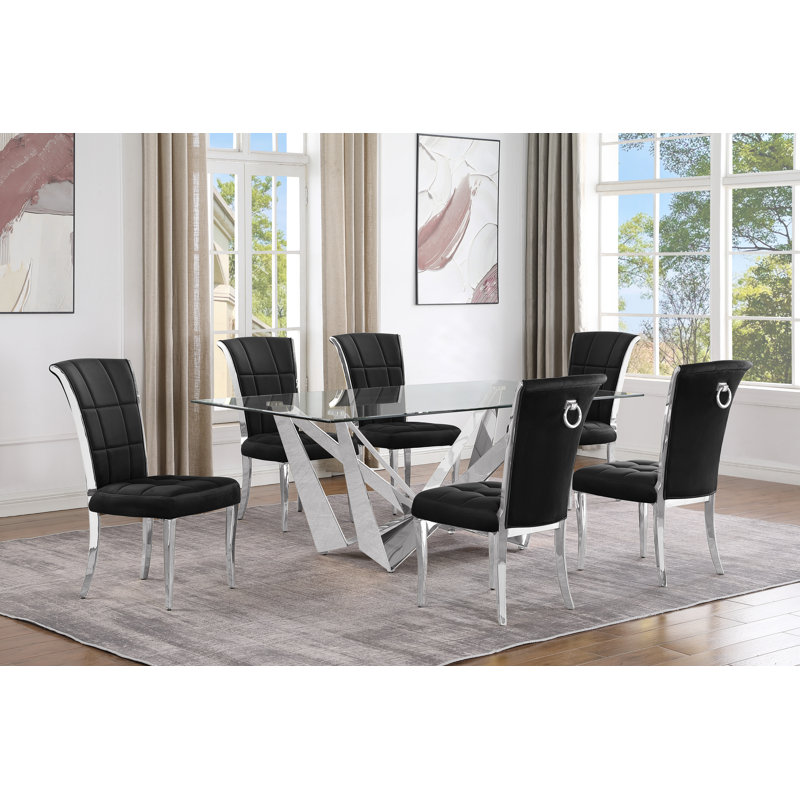 Kennise Glass Top Double Pedestal Dining Set, Black/Silver, 7, Silver