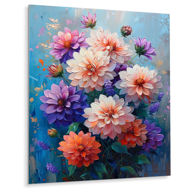Danse des fleurs de dahlia rose bleu, collage II - décoration murale Dahlia, Sans cadre, métal, H 16 po x l 32 po
